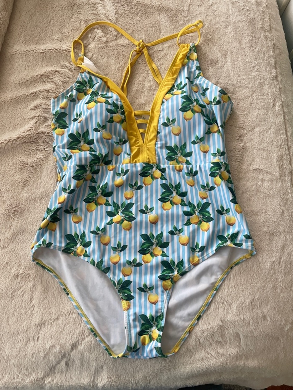 Nicole Miller Blue Stripe Lemon Print Swimsuit with Yellow Trim